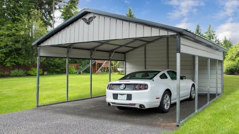 Steel carport with two-tone color and A-frame roof