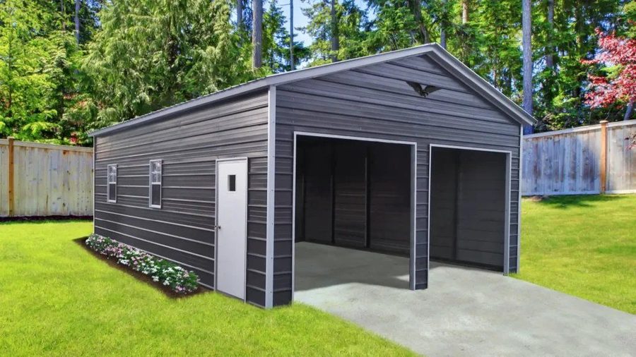 Enclosed metal garage with rollup door
